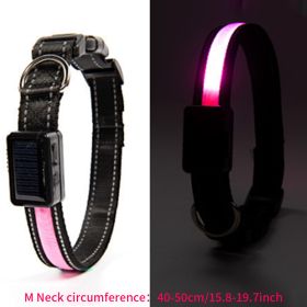 Solar And USB Rechargeable Light Up Pet Collar Waterproof LED Dog & Cat Collars For Night Walking (Color: PINK, size: M)