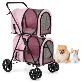 4-in-1 Double Pet Stroller with Detachable Carrier and Travel Carriage (Color: PINK)